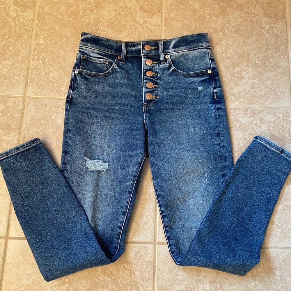 NWOT Express Women's Dark Blue Button-Fly High Rise Skinny Jeans